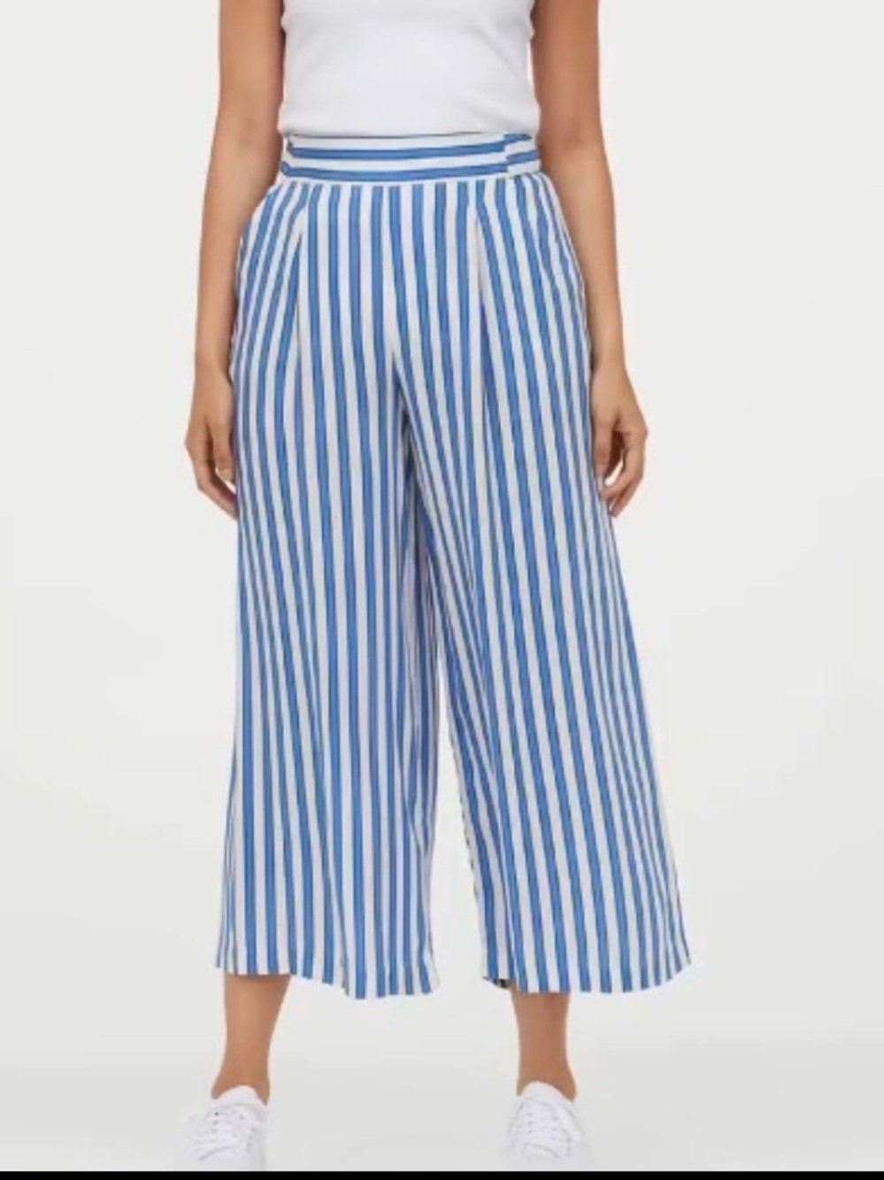 H&M Blue White Striped Cropped Flowy Wide Leg Palazzo Pants